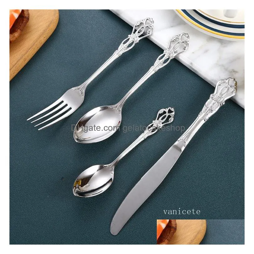 retro restaurant westerns food tableware knife fork and spoon 304 stainless steel tablewares embossed western dinnerware set kitchen knifes forks and spoons