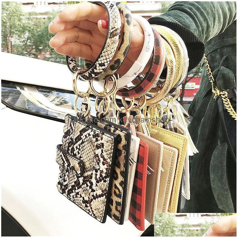 13 styles fashion leopard snakeskin plaid clutch keychain big o wristlet bracelet tassel credit cards wallet key ring tassel keychain