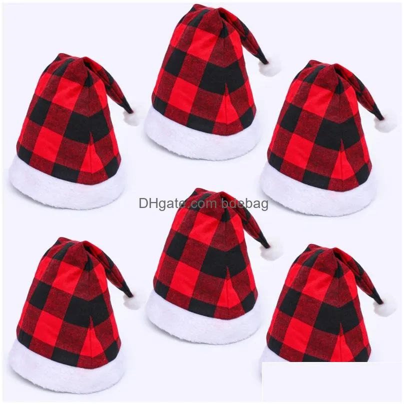 santa claus christmas hats red black plaid xmas cap short plush with white cuffs fabric noel hat decoration jk2010xb