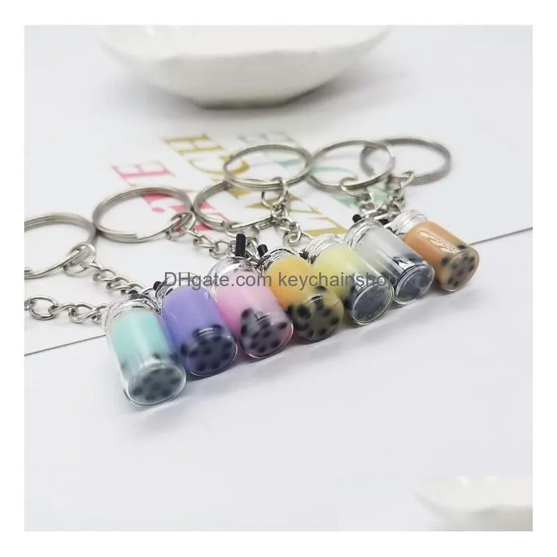 creative mini soft drink keychain milk tea beverage bubble keyring moving liquid oil drop decompression keyfob jewelry gift 7 colors