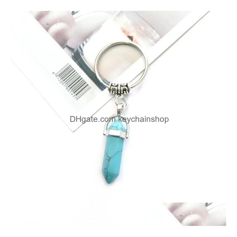9 colors chakra hexagon prism natural stone keychain alloy crystal key ring handbag hangs fashion jewelry gift