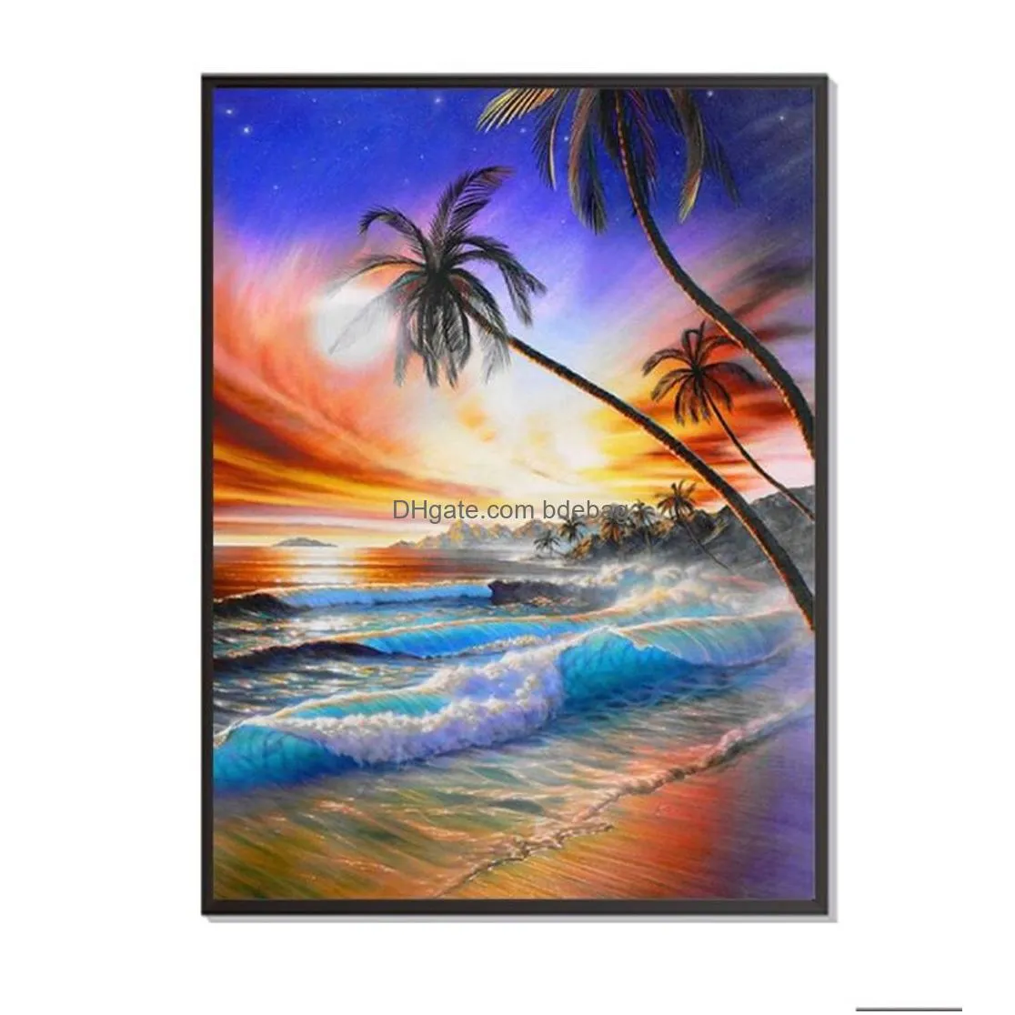 5d diamond painting kits beach scene full drill round diamonds crystal gem for home wall decoration 12x16inch