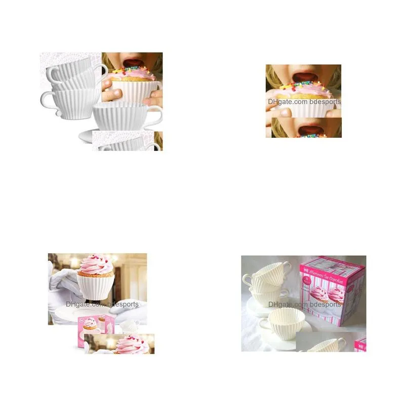 4pcsis1box tea cup silicone cupcake moulds baking fun party cakes muffin mould 4 cup 4 saucers boxed