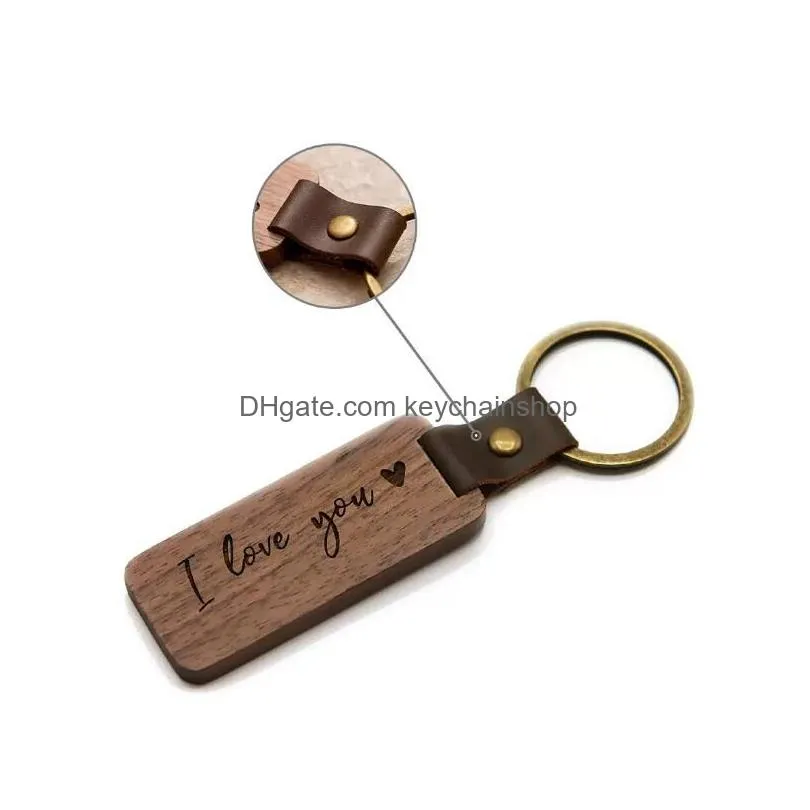 6.6x3cm custom logo personalized leather keychain pendant beech wood carving keychains car decoration key ring diy thanksgiving mothers day