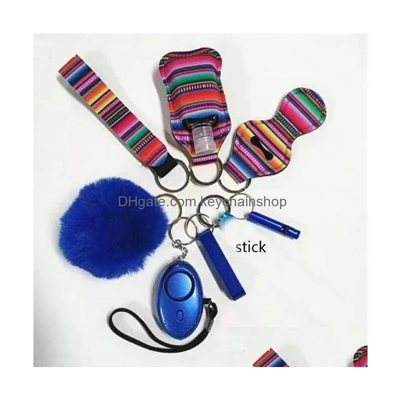 many colors 9 pcs defense keychain set alarm pompom hand sanitizer wrist strap lipstick keychains bottle opener for woman men self-defense