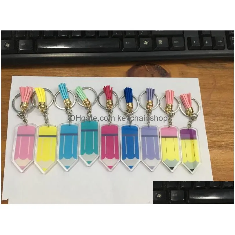 custom personalized teachers day acrylic pencil keychain fashion tassel pencil keychains for teacher gifts