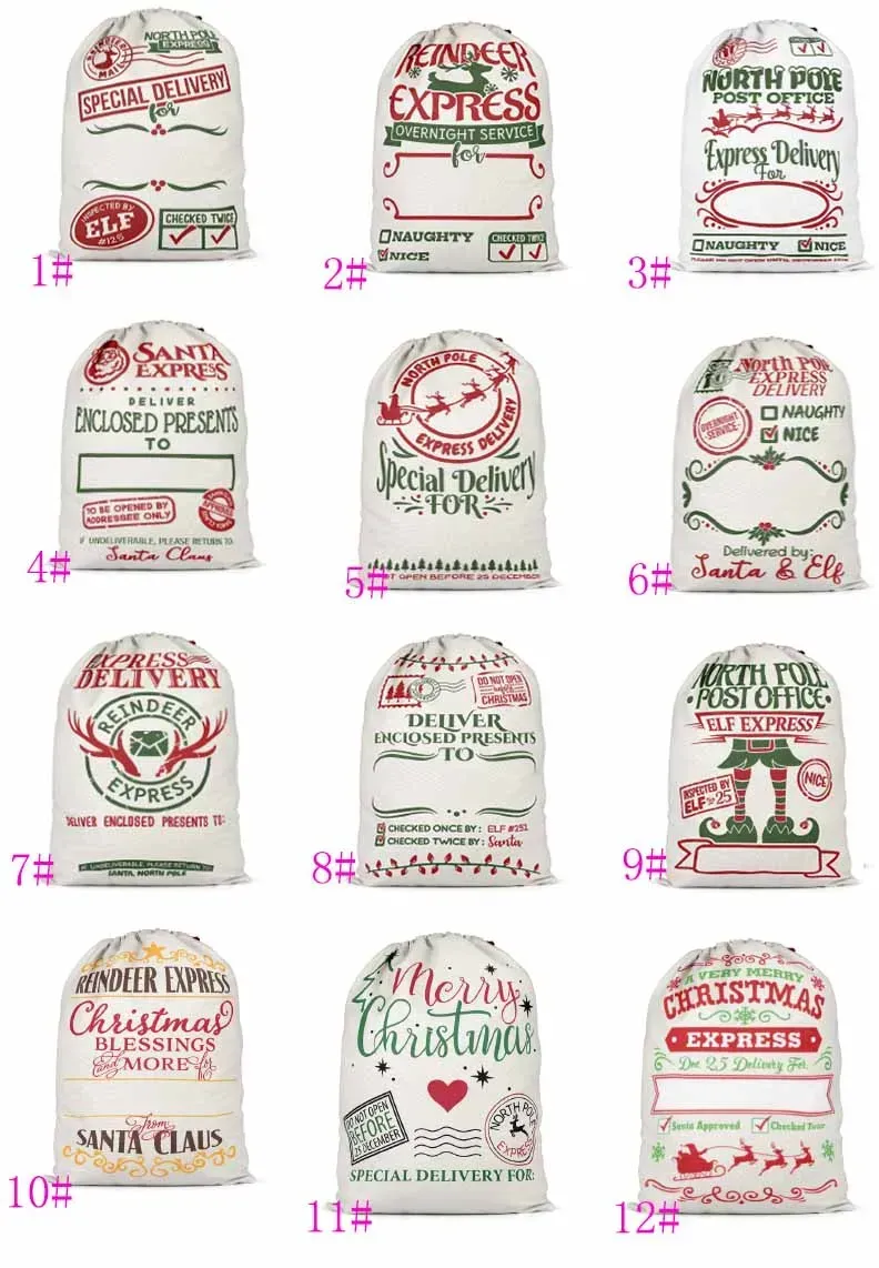 Santa Sack Bags Christmas Decoration Linen Drawstring Cloth Bag Gift Pouch 12 styles Free DHL ship HH21-590