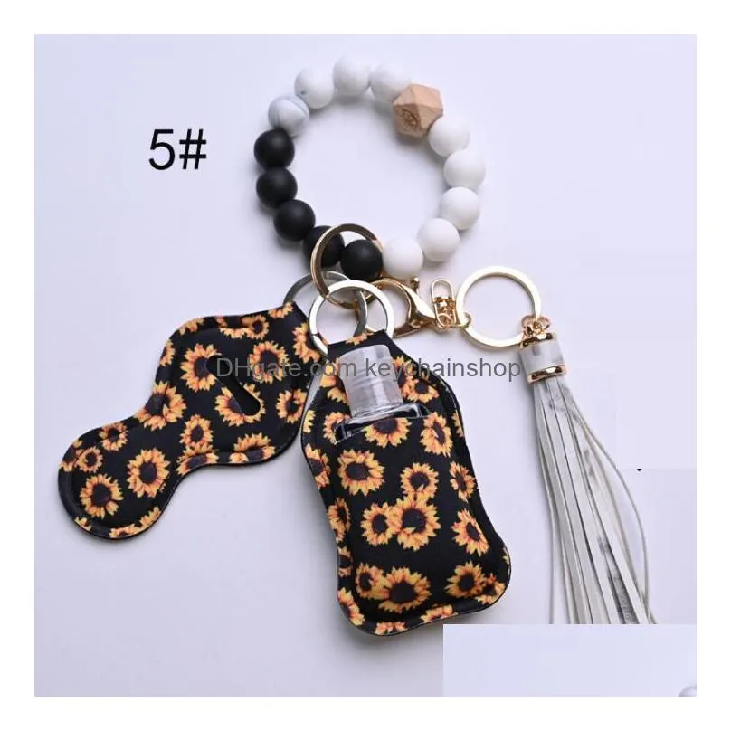 12 colors wooden tassel silicone bead string bracelet keychain bag car key chain wristband hand sanitizer holder with bottels for woment fashion