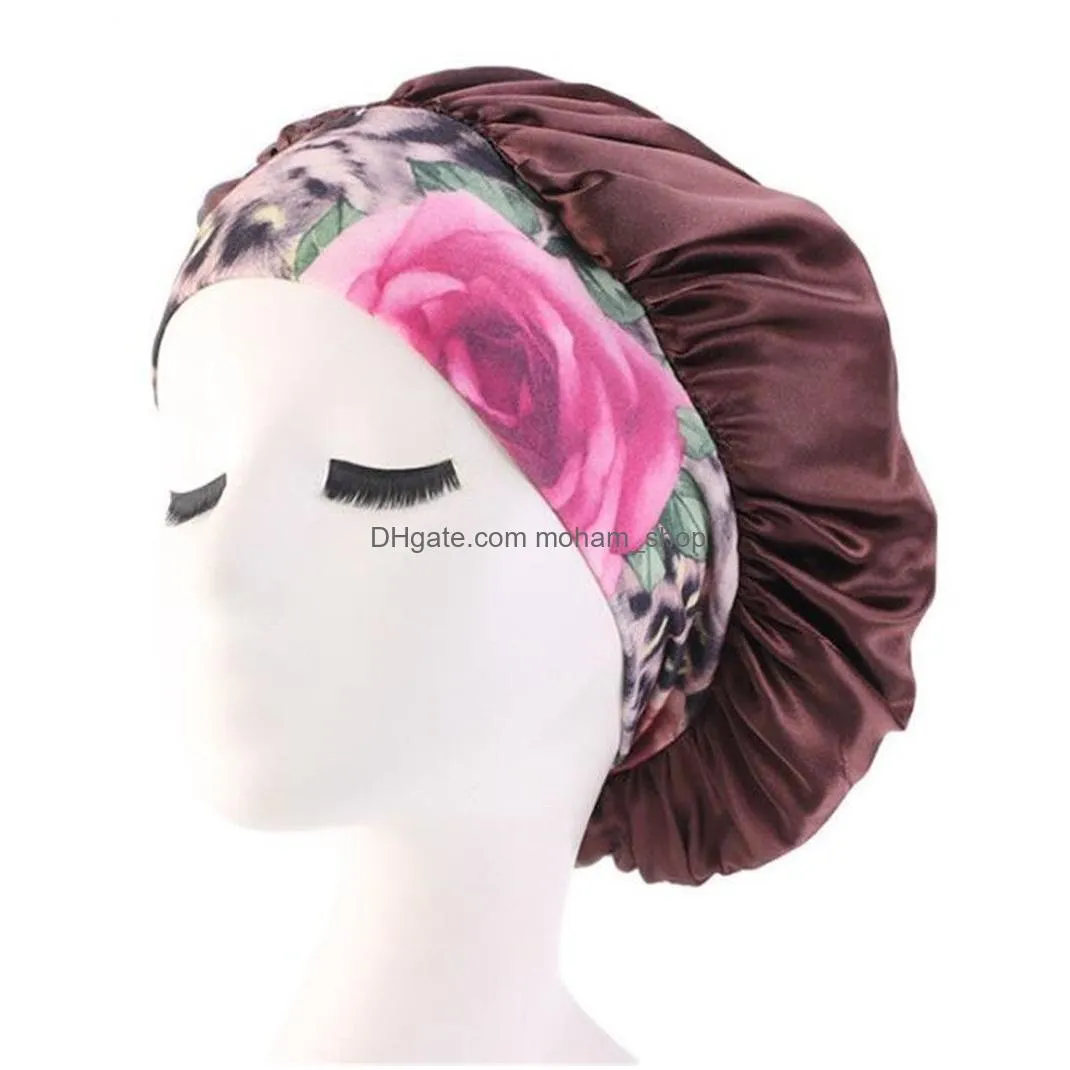 women satin night beauty salon sleep cap cover hair bonnet hat silk head wide elastic band for curly springy hair chemo cap