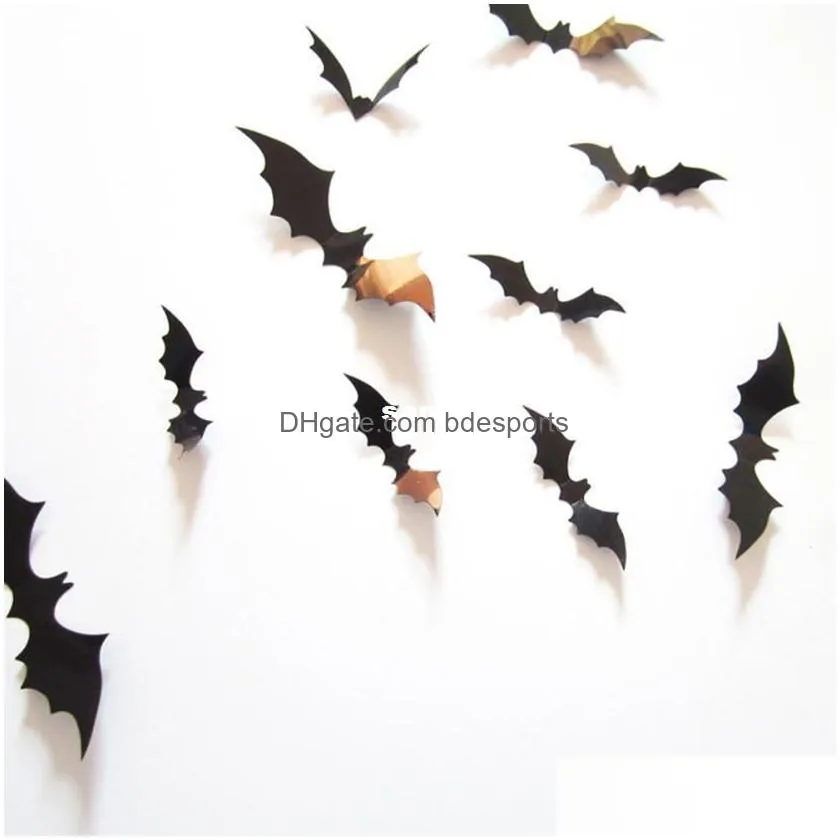 12pcs/set black 3d diy pvc bat wall sticker decal home halloween decoration