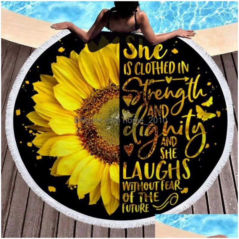 round beach towel sunflower printed picnic rugs tassel yoga mat polyester table cloth beach shawl blankets 14 designs dw5310