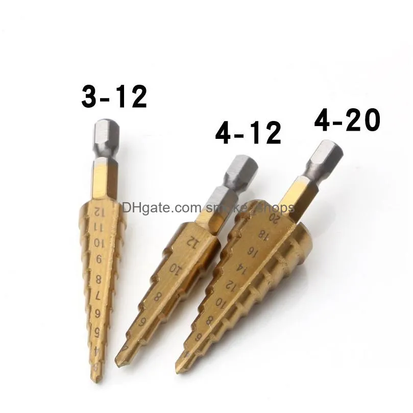 3 pcs/set step cone drill bit hole cutter hss set titanium coated drilling tool hex shank 3-12mm/4-12mm/4-20mm jk2102kd