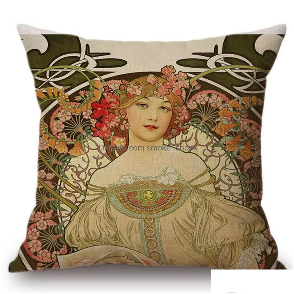 vintage european art nouveau mucha sofa pillow covers home decorative pillowcase beautiful girl pattern cushion cover jk2103xb