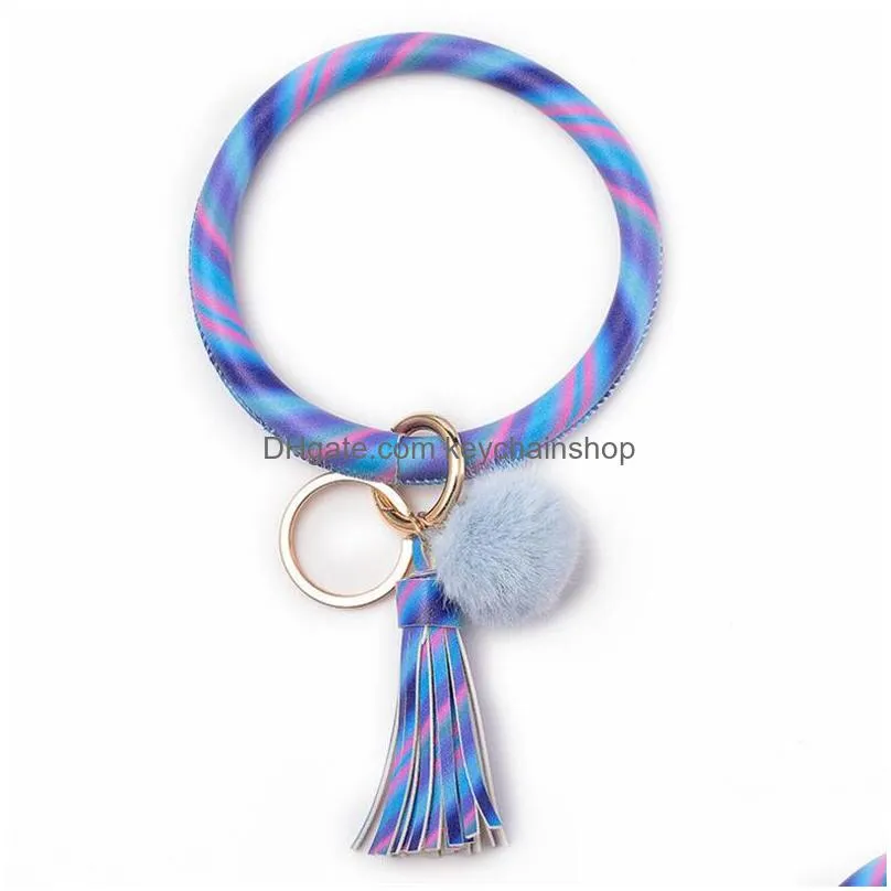 23 colors tassels bracelets with plush ball leather wrap key ring keychain wristband sunflower drip oil circle bangle chains wristlet