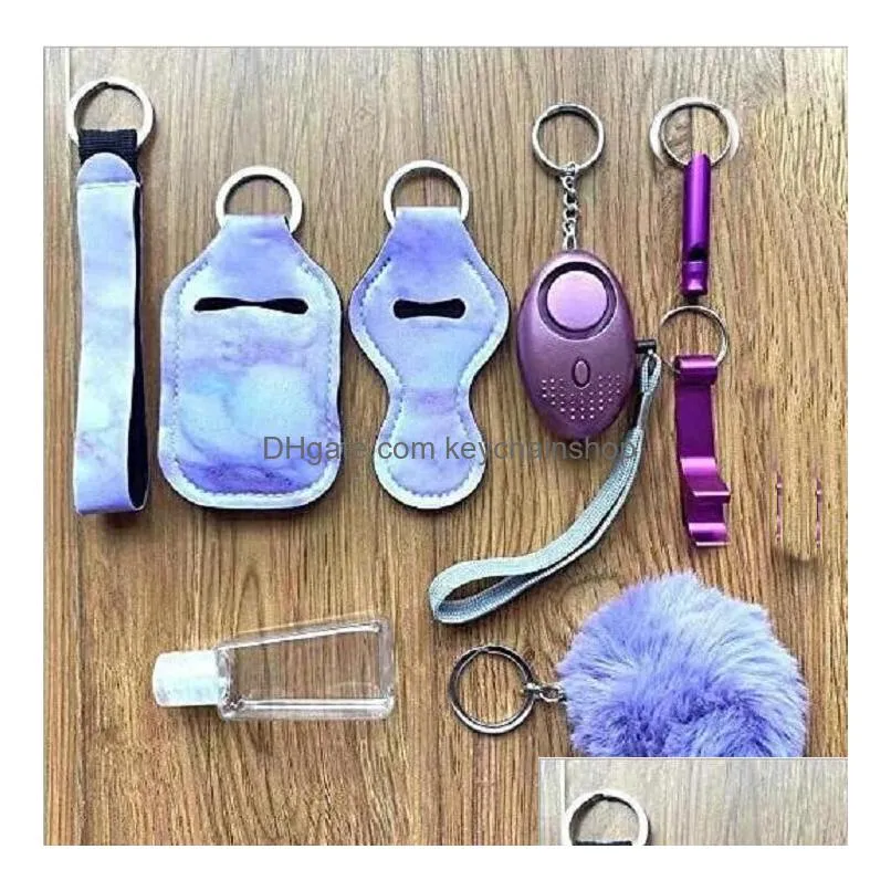 many colors 9 pcs defense keychain set alarm pompom hand sanitizer wrist strap lipstick keychains bottle opener for woman men self-defense