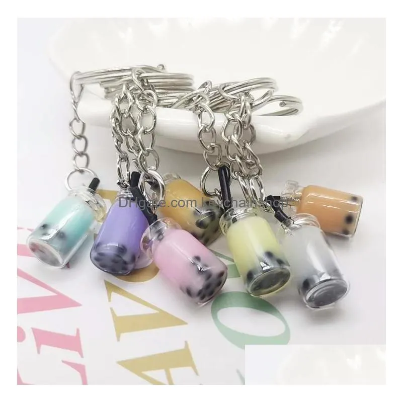 creative mini soft drink keychain milk tea beverage bubble keyring moving liquid oil drop decompression keyfob jewelry gift 7 colors