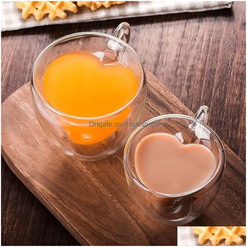drinking glass tea cups double wall layer tea cup heat-resisting creative heart-shaped double glass juice mug milk coffee cup