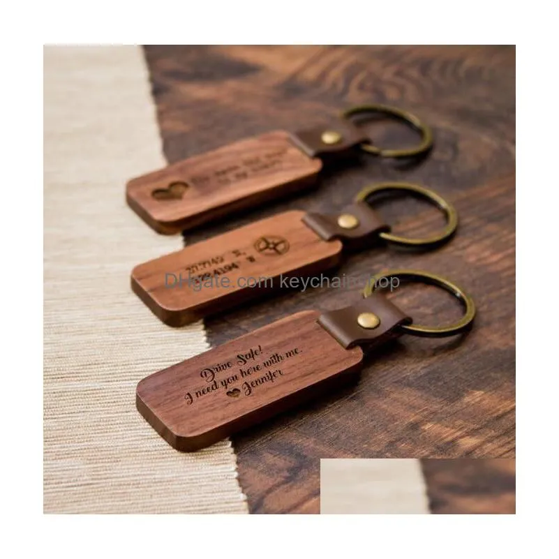 6.6x3cm custom logo personalized leather keychain pendant beech wood carving keychains car decoration key ring diy thanksgiving mothers day