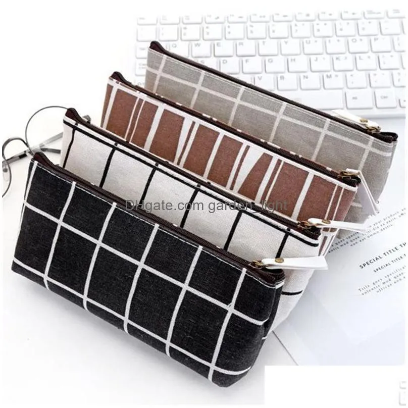 canvas pencil case pen bag striped grid korean stationery for students kids boys girls makeup costmetic pouch xbjk2110