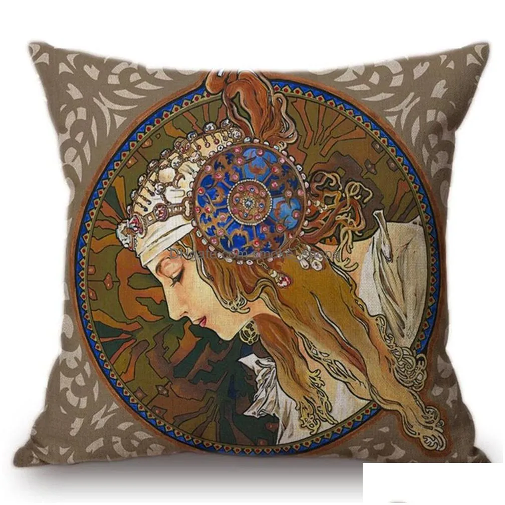 vintage european art nouveau mucha sofa pillow covers home decorative pillowcase beautiful girl pattern cushion cover jk2103xb