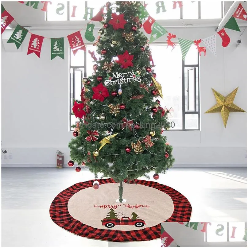 burlap christmas tree skirt with red and black plaid border embroidered tree skirt decor for xmas decorations jk2010xb