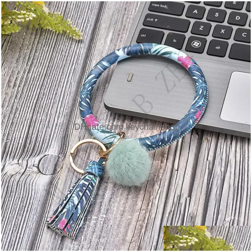 23 colors tassels bracelets with plush ball leather wrap key ring keychain wristband sunflower drip oil circle bangle chains wristlet