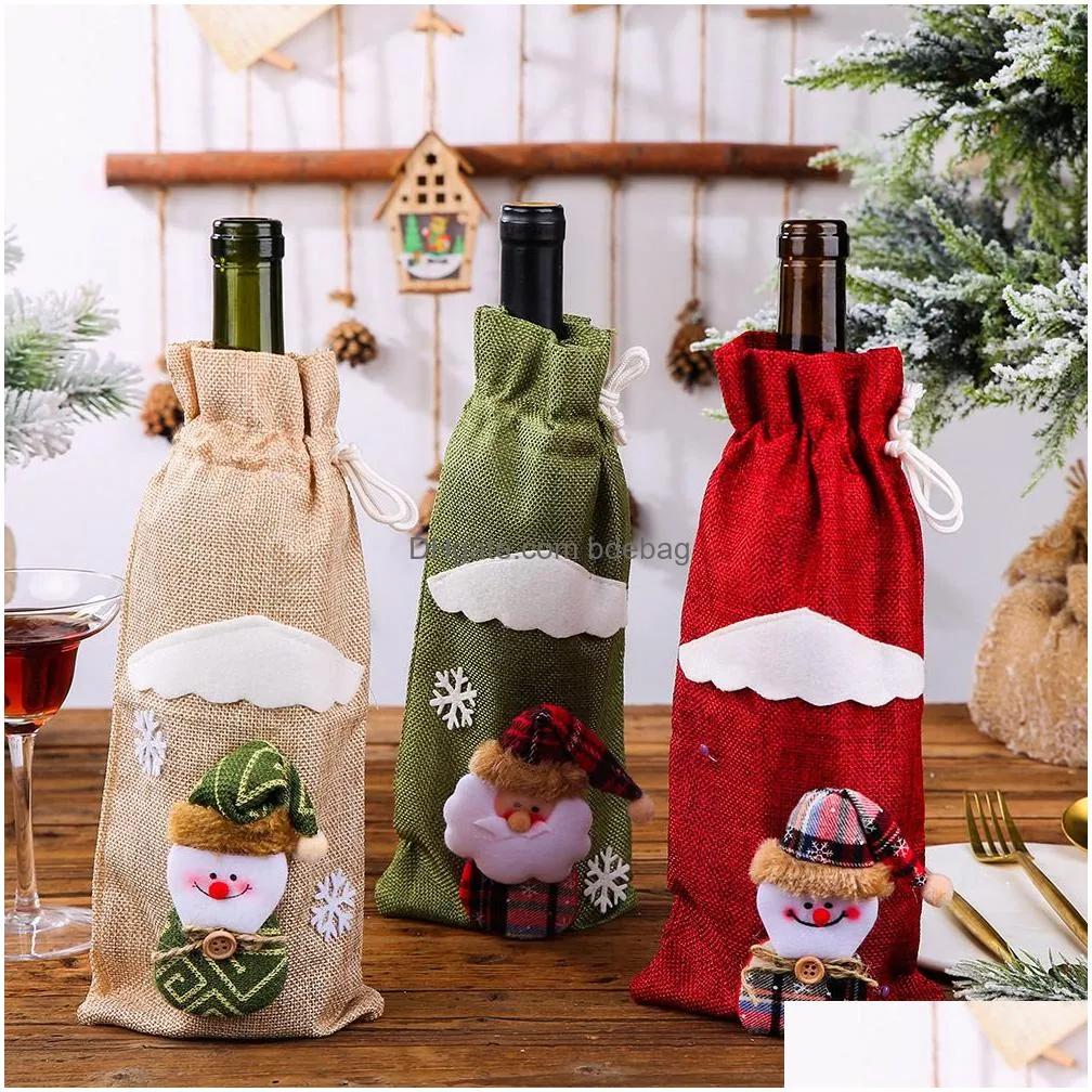 christmas wine bottle cover santa claus snowman drawstring gift bags tableware xmas year decoration xbjk2108