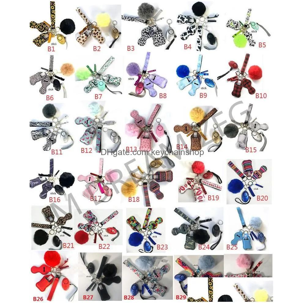 34 colors 1setis9pcs fashion defense keychains set pompom alarm keychain lipstick holder and wristband for woman men self-defense