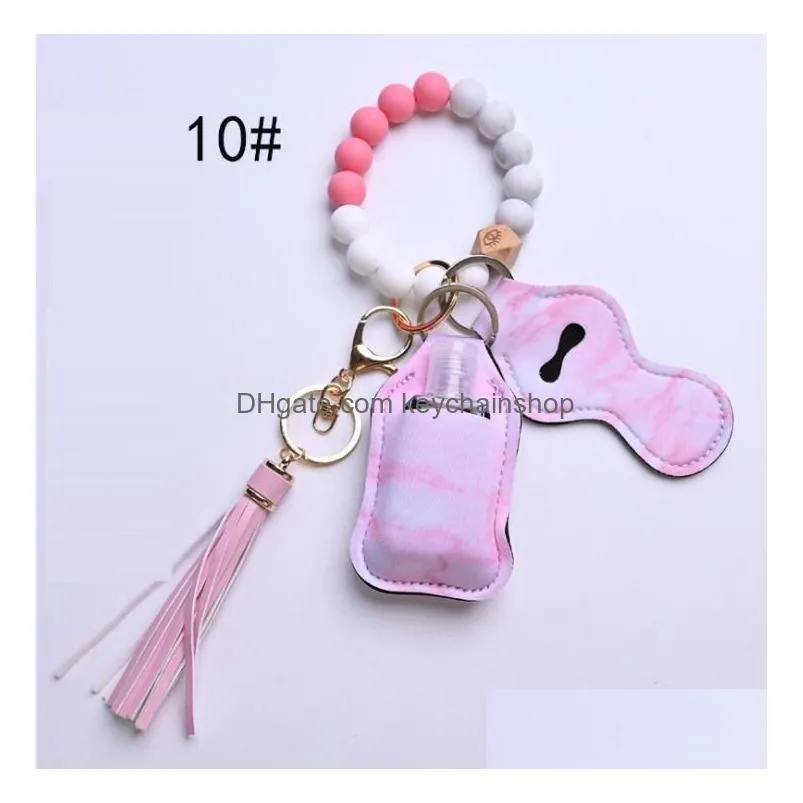 12 colors wooden tassel silicone bead string bracelet keychain bag car key chain wristband hand sanitizer holder with bottels for woment fashion