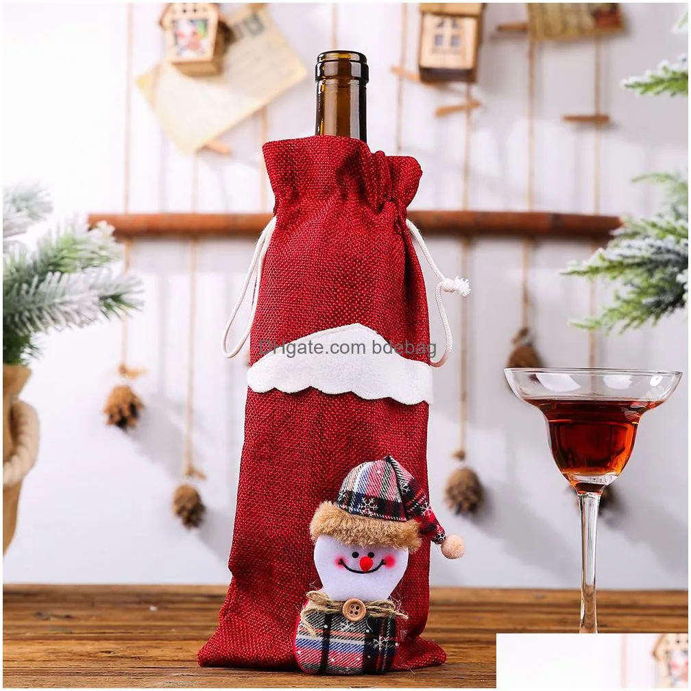 christmas wine bottle cover santa claus snowman drawstring gift bags tableware xmas year decoration xbjk2108