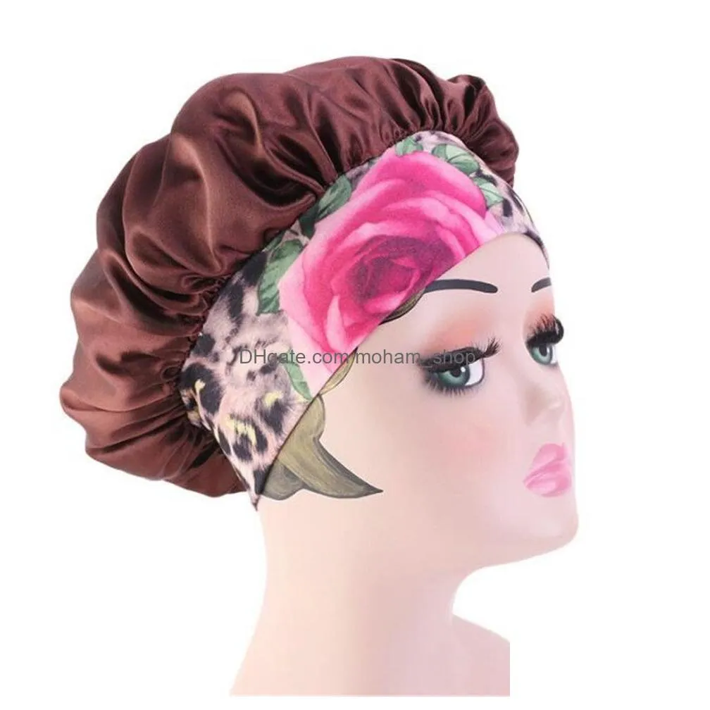 women satin night beauty salon sleep cap cover hair bonnet hat silk head wide elastic band for curly springy hair chemo cap