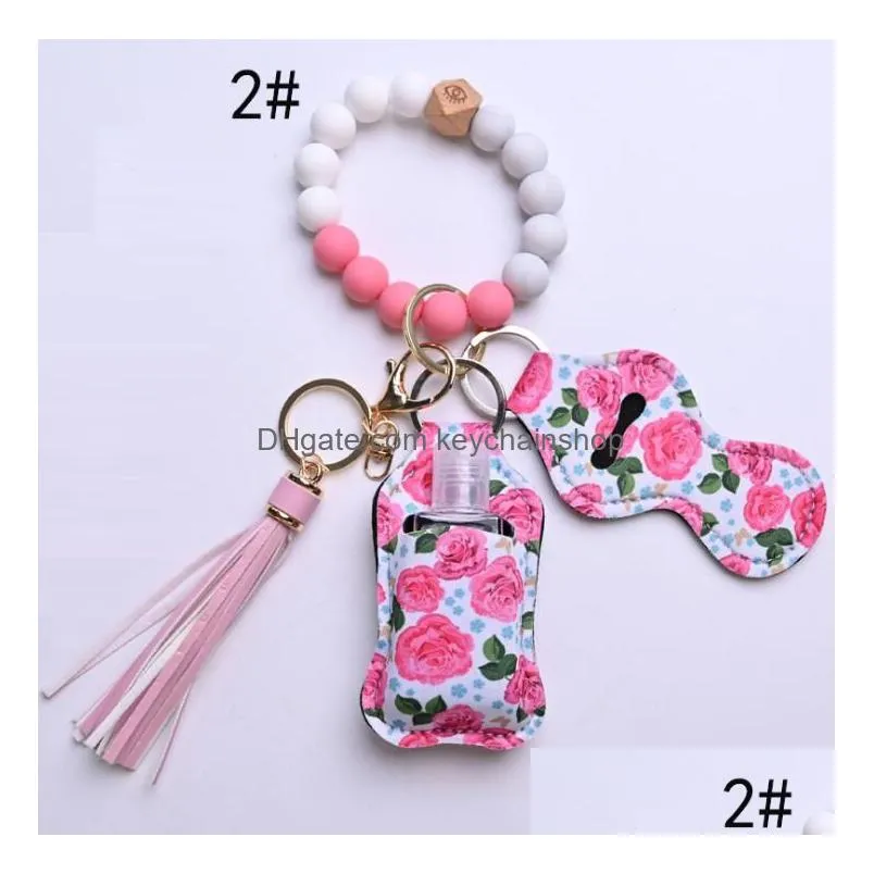 12 colors wooden tassel silicone bead string bracelet keychain bag car key chain wristband hand sanitizer holder with bottels for woment fashion