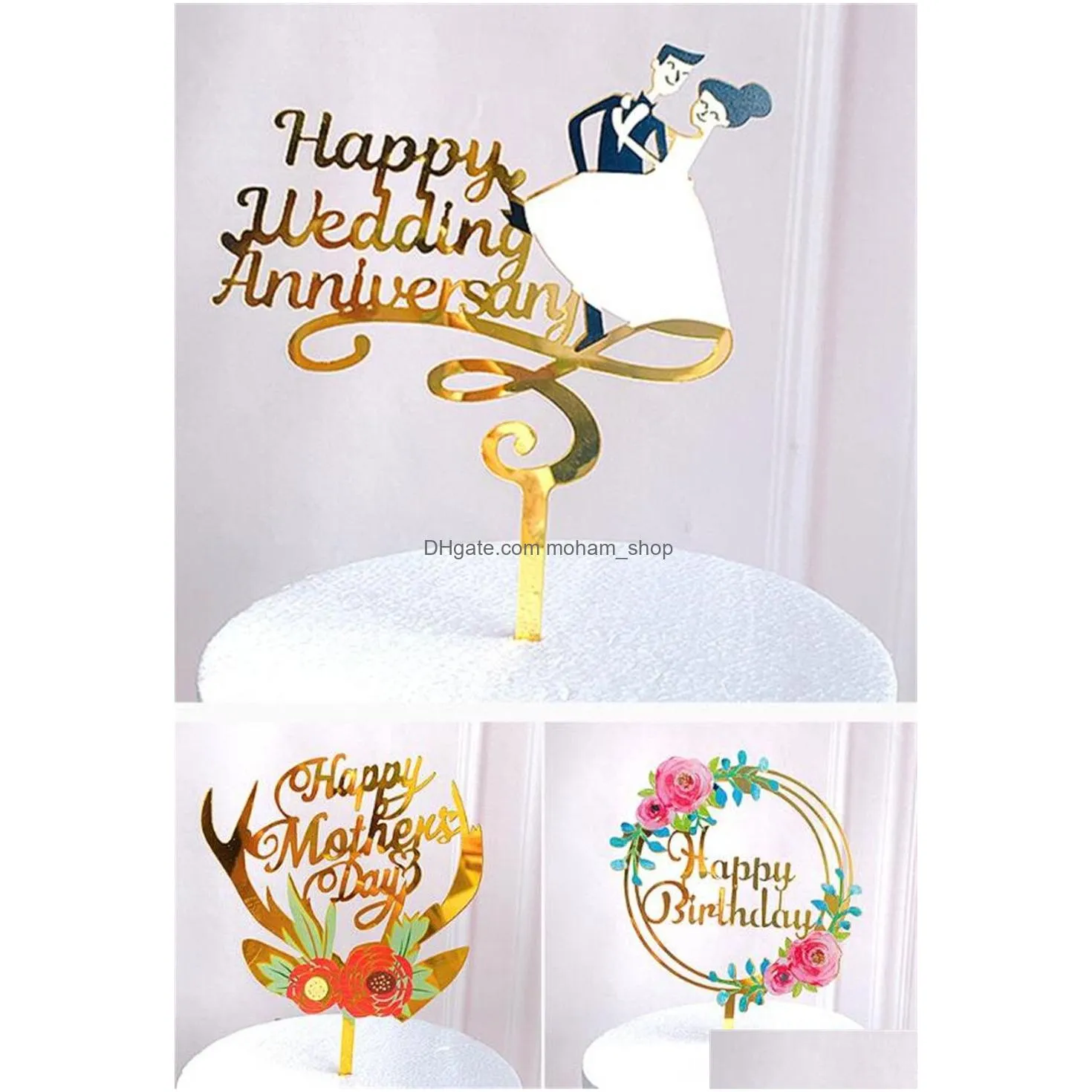  home colored flowers happy birthday cake topper golden acrylic birthday party dessert decoration for baby shower baking supplies