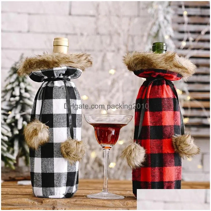  plaid wine bottle cover decorative faux fur cuff sweater wine bottle holder gift bags party ornament jk2009xb