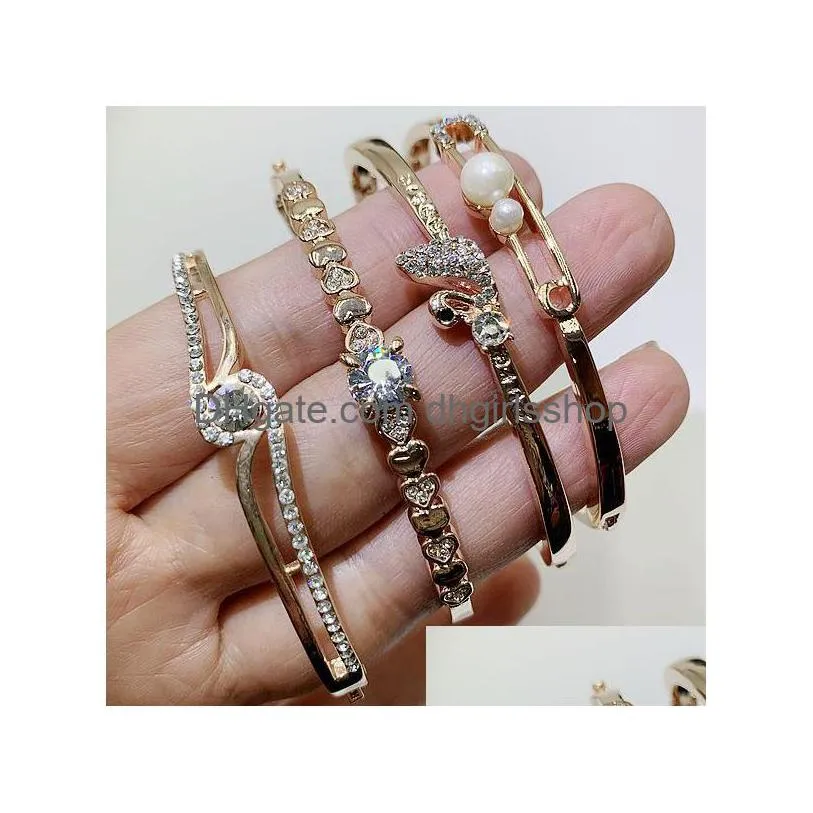 wholesale ultra flash czech diamond micro inlaid zircon bangle bracelets korean version real gold color plating pearl fritillary gem