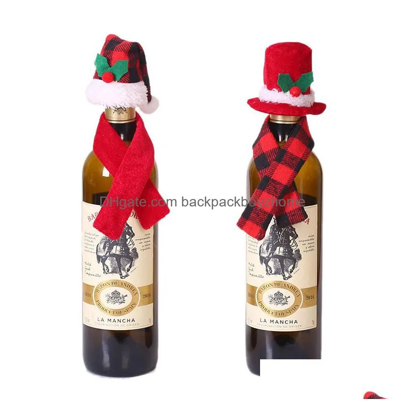 christmas wine bottle decor scarf and hat two-piece red wine bottles xmas kitchen table ornament