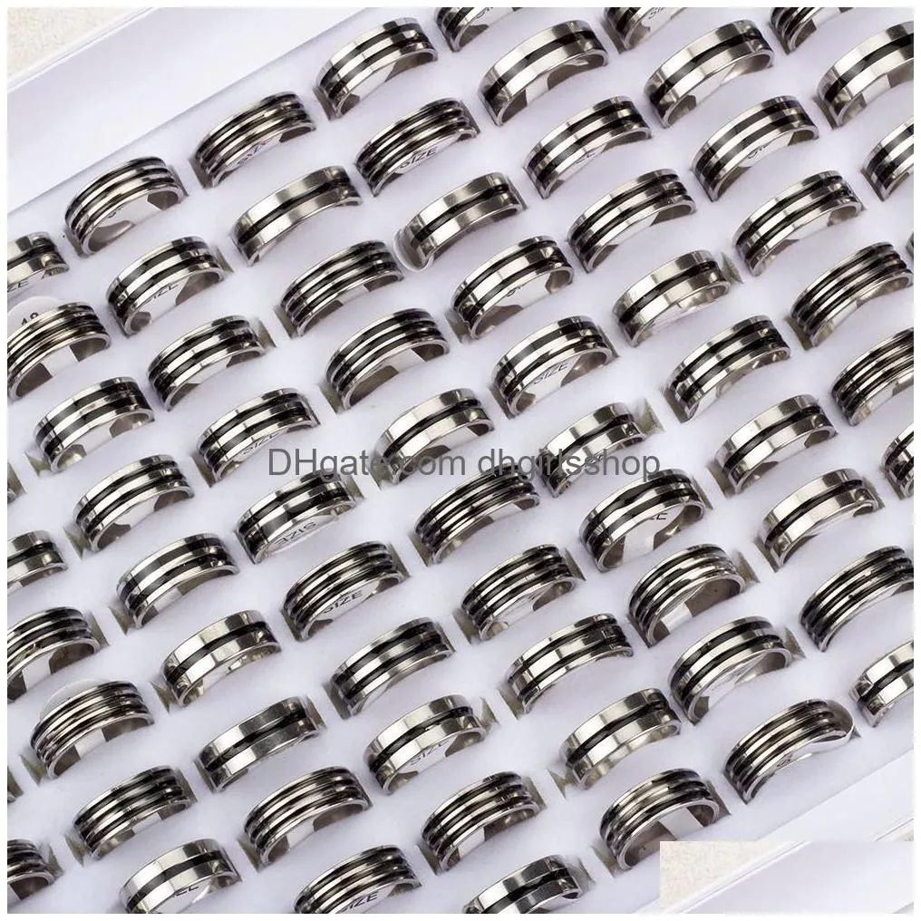 wholesale 100pcs/lot mens womens band ring black stripe stainless steel rings fashion jewelry party favor gifts mix sizes