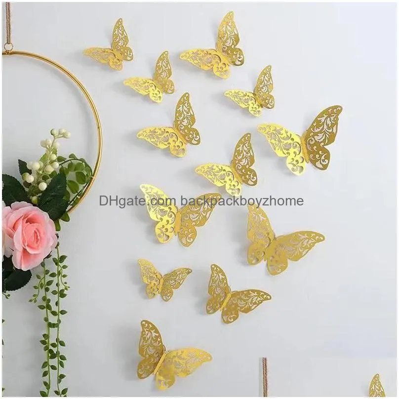 12pcs/lot 3d hollow butterfly wall sticker 3 sizes gold pink silver butterflies removable wall decals decor