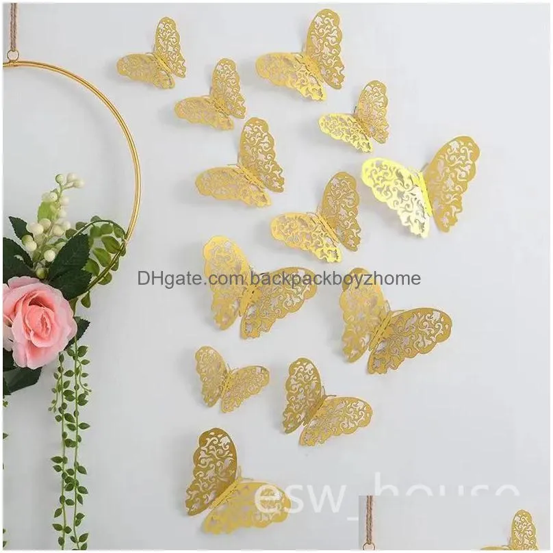 gold butterflies decorations sticker 12pcs/lot 3d hollow butterflies decals diy home removable mural decoration