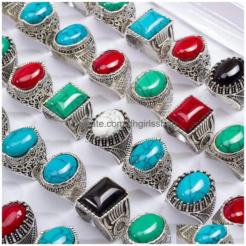 20pcs/lot fashion retro bohemian turquoise natural stone band ring for men women trendy vintage geometric jewelry party gift