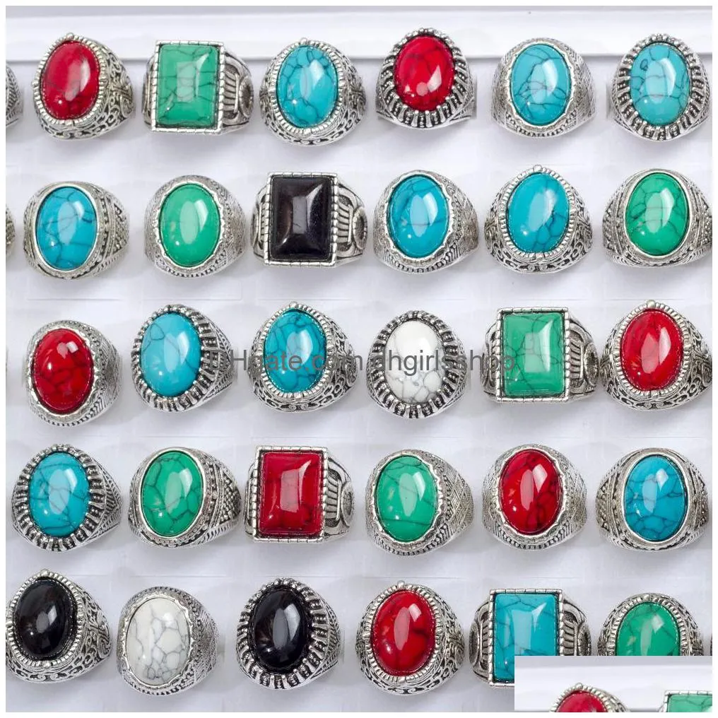 20pcs/lot fashion retro bohemian turquoise natural stone band ring for men women trendy vintage geometric jewelry party gift