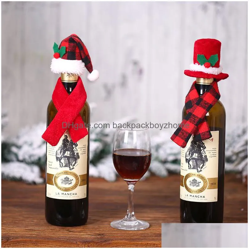 christmas wine bottle decor scarf and hat two-piece red wine bottles xmas kitchen table ornament