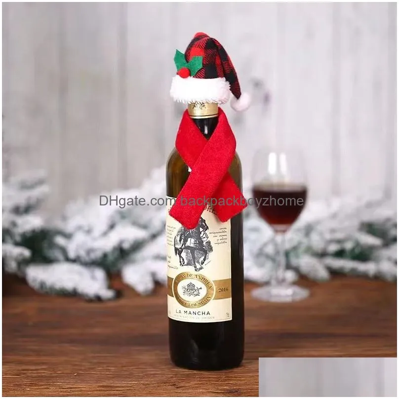 christmas wine bottle decor scarf and hat two-piece red wine bottles xmas kitchen table ornament