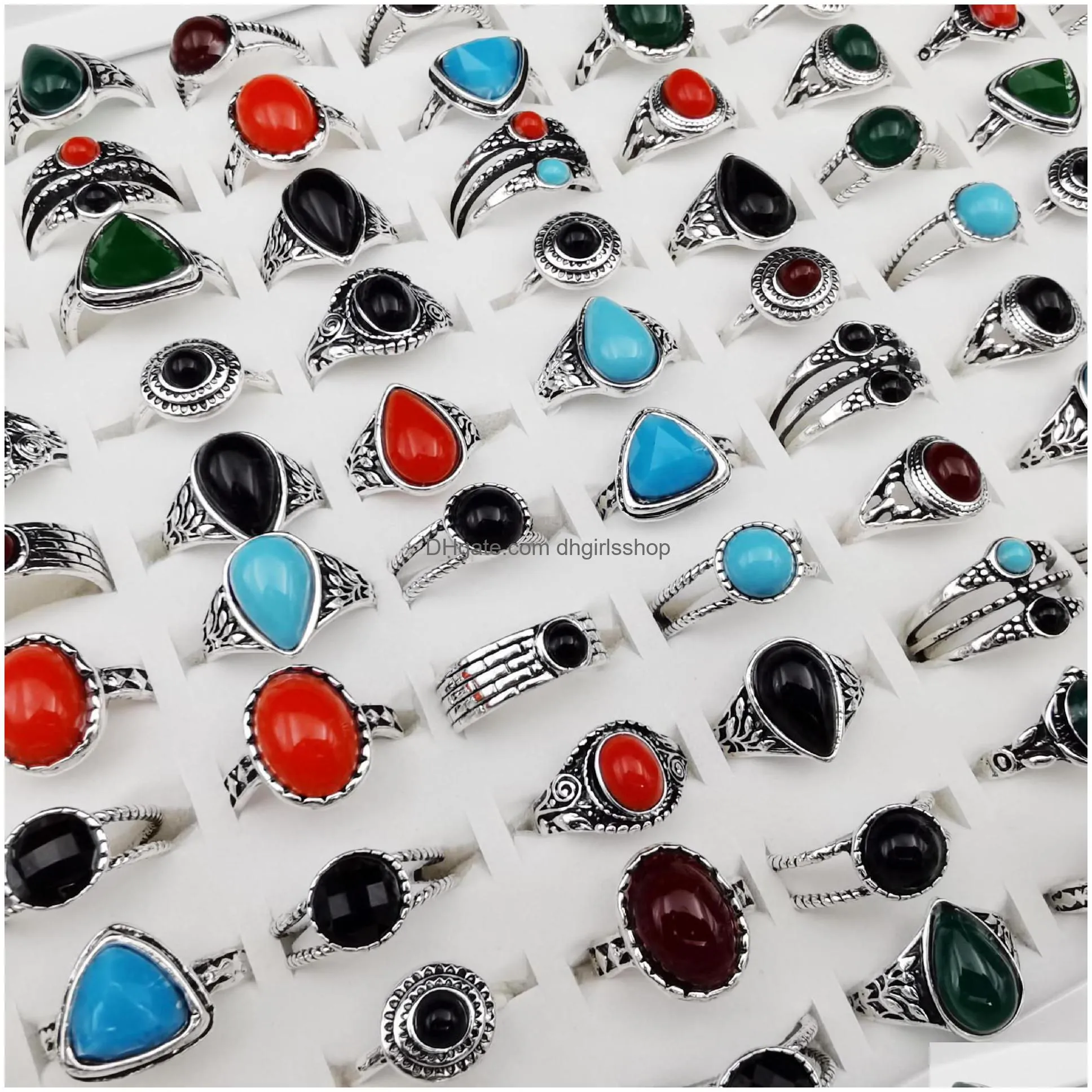 50pcs/lot antique carved gemstone rings classic sapphire ruby rings for women men bohemian luxury retro rings gift party 001