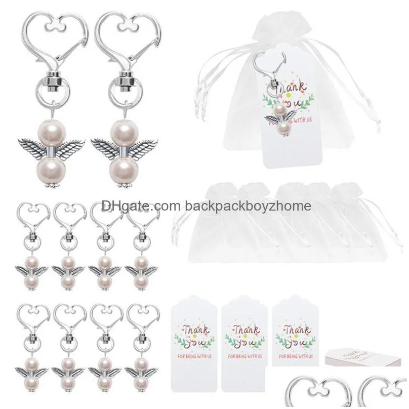 20pcs/set angel keychain favors with thank you kraft tag white organza bags for girl boy baptism wedding party favors