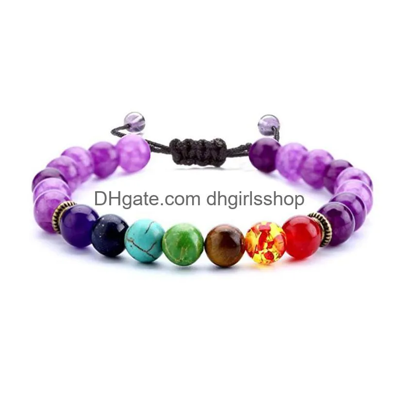 7 chakras natural stone bracelets strands purple crystal tiger eyes stone beads seven pulse round yoga energy