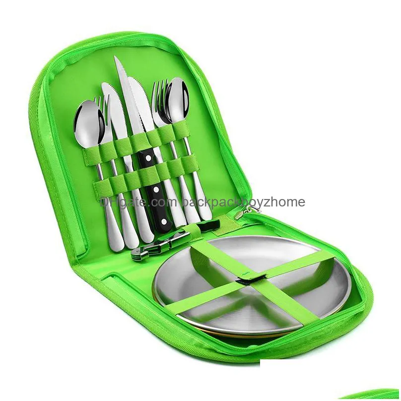 camping silverware set with case stainless steel picnic cutlery steak knife cutlery set fork spoon plate kits