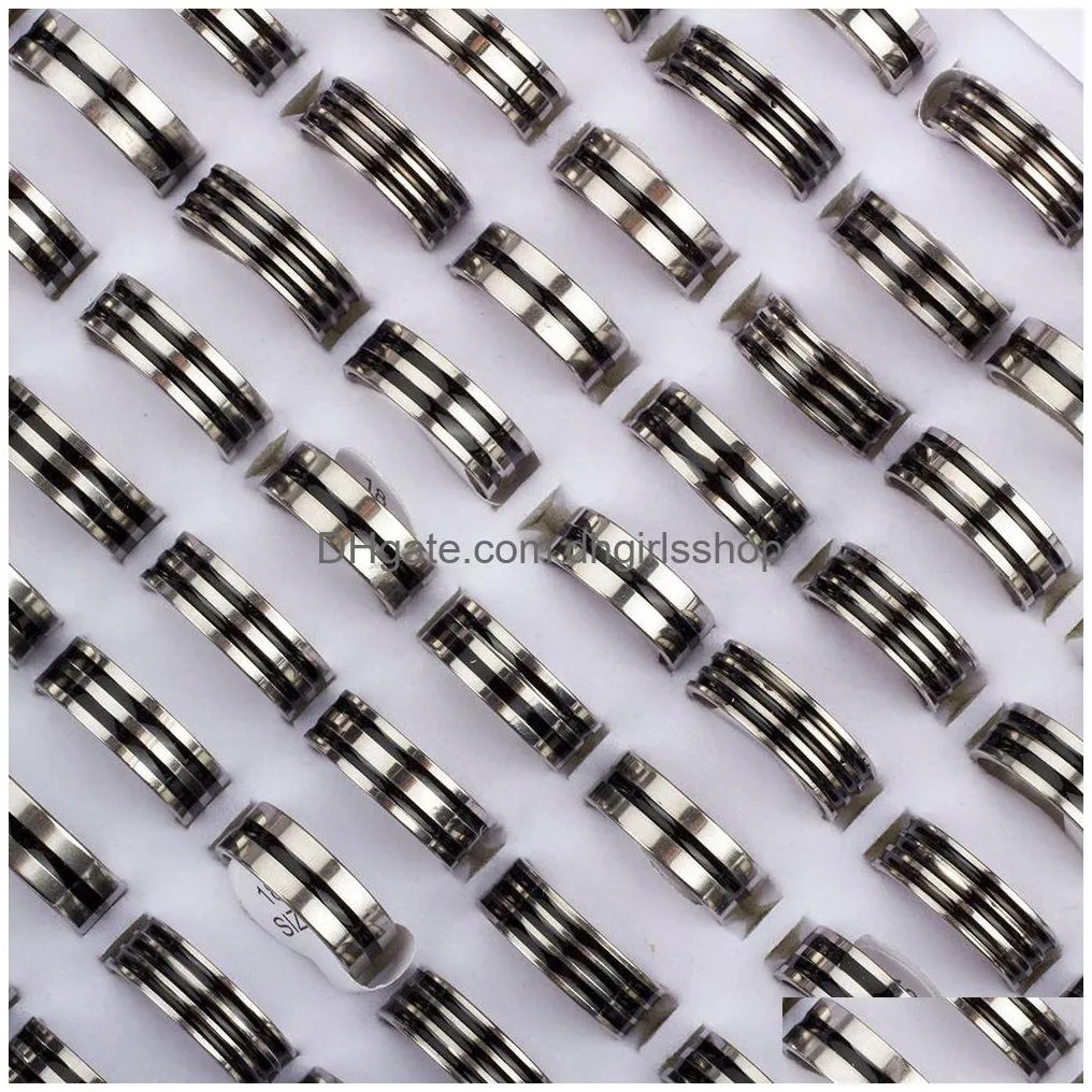 wholesale 100pcs/lot mens womens band ring black stripe stainless steel rings fashion jewelry party favor gifts mix sizes