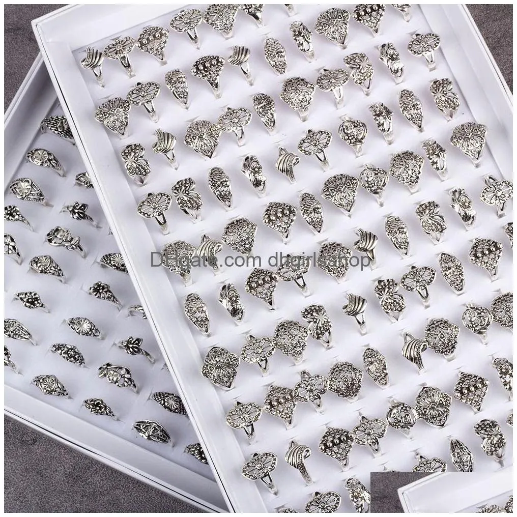 100pcs mix style flower elegant alloy band rings vintage rings for women jewelry wholesale lots