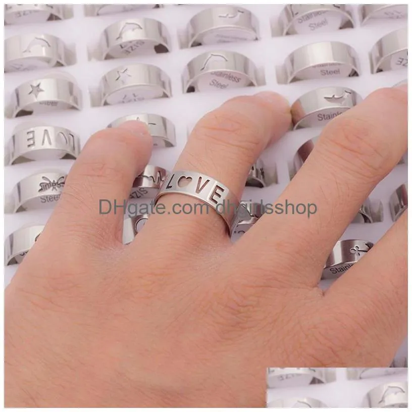 100 pcs fashion hollow silver color stainless steel band rings for men womens mix animal love jesus etc style size 17mm to 21mm